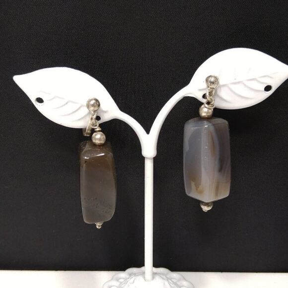 1950s Quartz Stone Earrings Silver Tone Screw Back Boho Natural Vintage - Picture 1 of 10